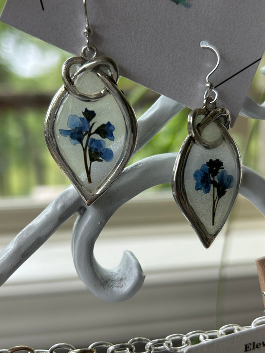 Mother’s Day, Special Occasion,Blue Forget-Me-Nots (Knots) dried flowers, white background, earrings