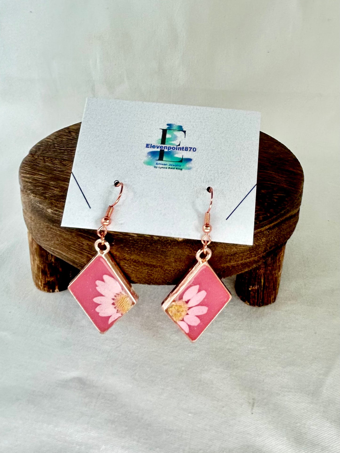 Light and Dark Pink Diamond shaped dangle earrings. Light Pink Daisy, Rose Gold frame