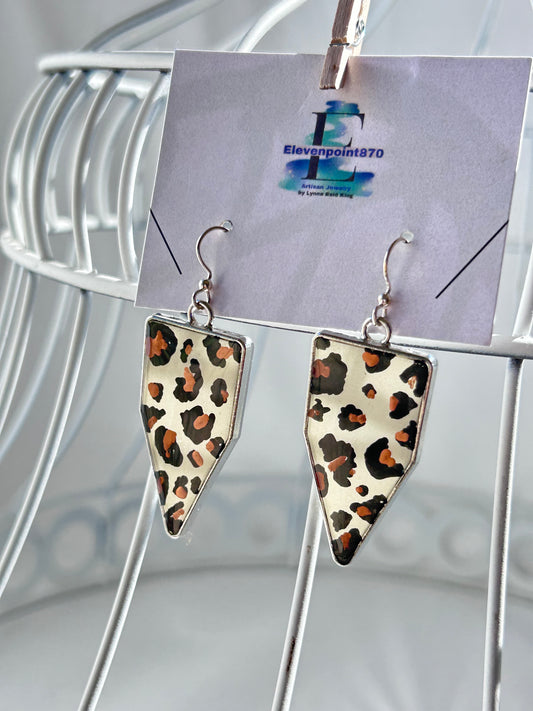 Leopard Print Geometric Dangle Earrings, Hand Painted, Silver Frame, Hand Painted, Opague Resin