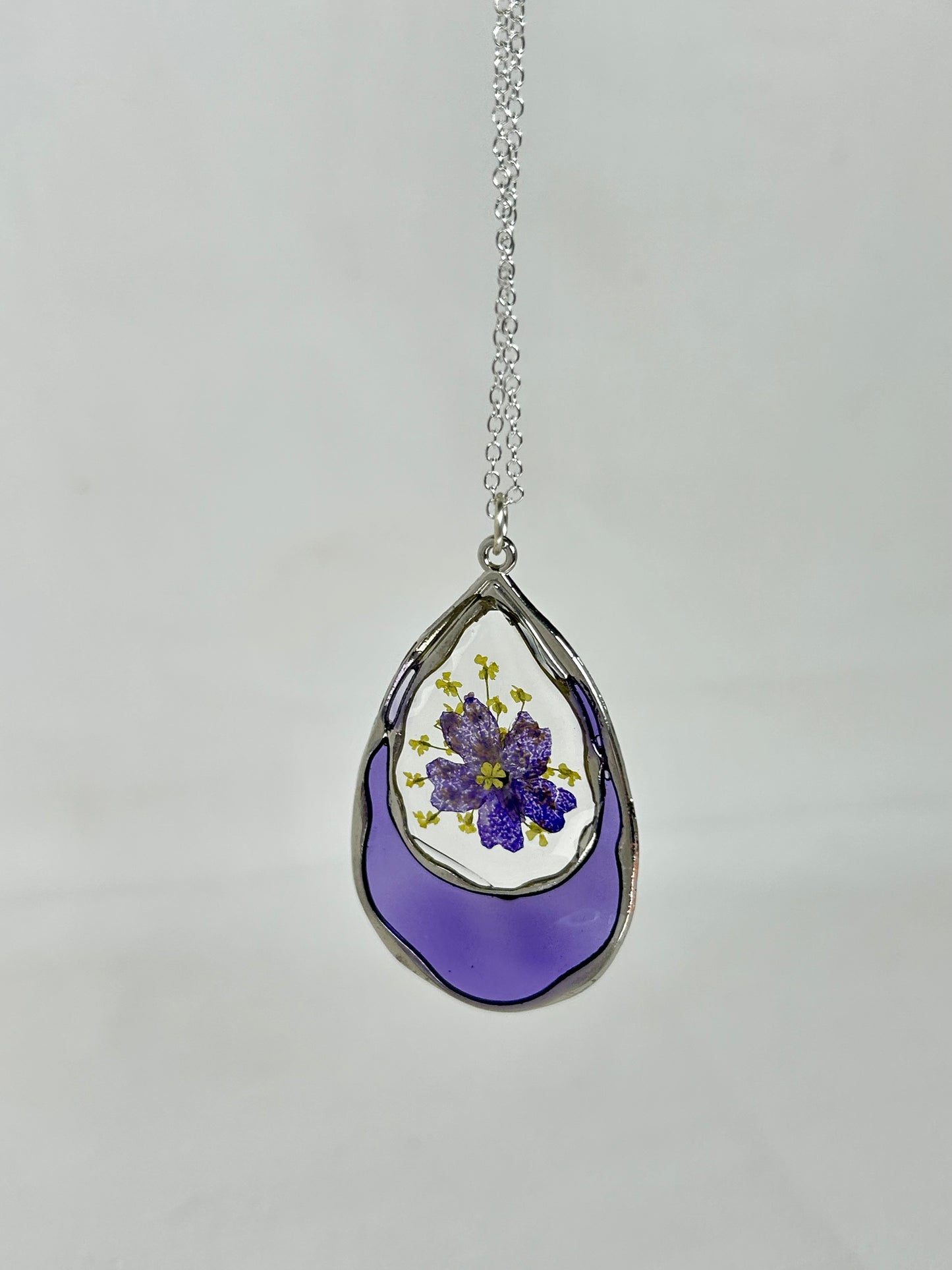 Pendant Necklace with Purple and Yellow Floral Focus, Teardrop, Silver frame and chain