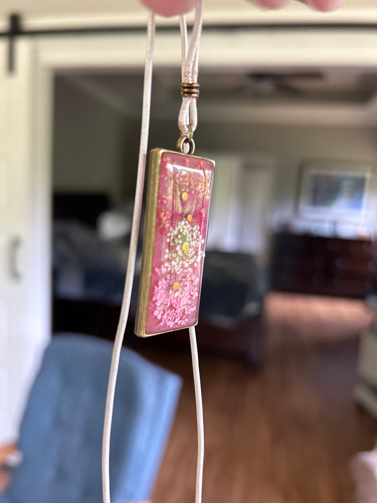 Pink Rectangular Floral Pendant Necklace, Queen Anne’s Lace, Antique Gold metal, leather cord, Pearl and Loop closure, hand crafted,