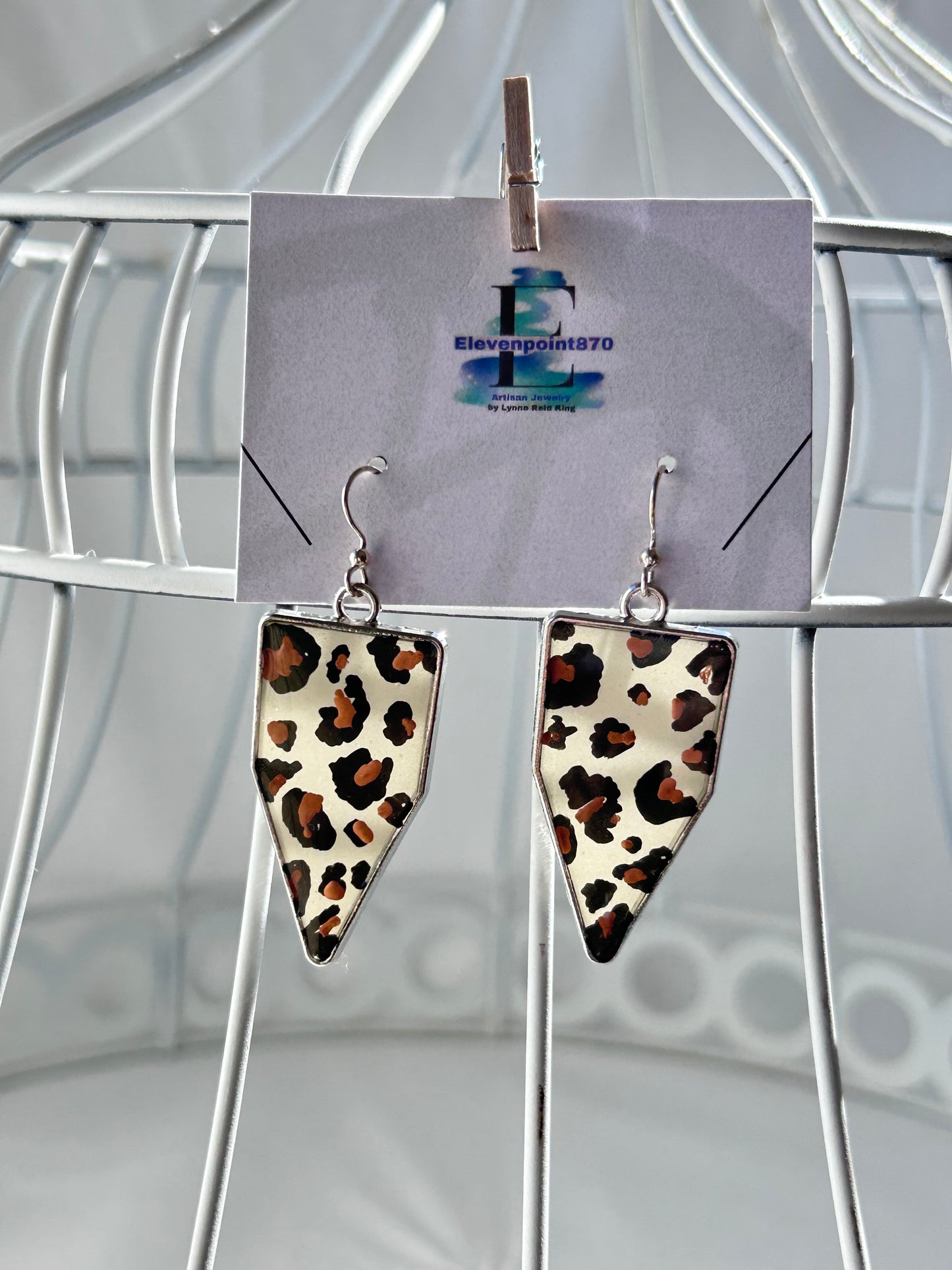 Leopard Print Geometric Dangle Earrings, Hand Painted, Silver Frame, Hand Painted, Opague Resin