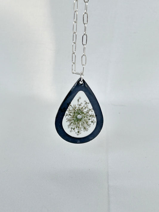 Black and Clear Teardrop necklace pendant adorned with Queen Anne’s Lace dainty dried flower