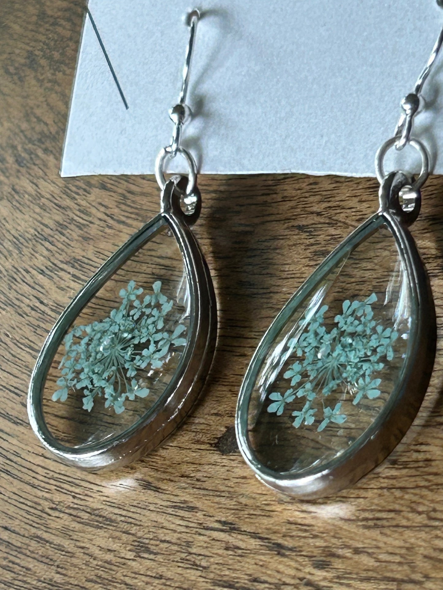 Dangle Teardrop Earrings, Soft Teal Blue Queen Anne’s Lace Flower in Crystal Clear Resin