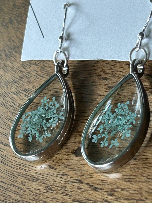 Dangle Teardrop Earrings, Soft Teal Blue Queen Anne’s Lace Flower in Crystal Clear Resin