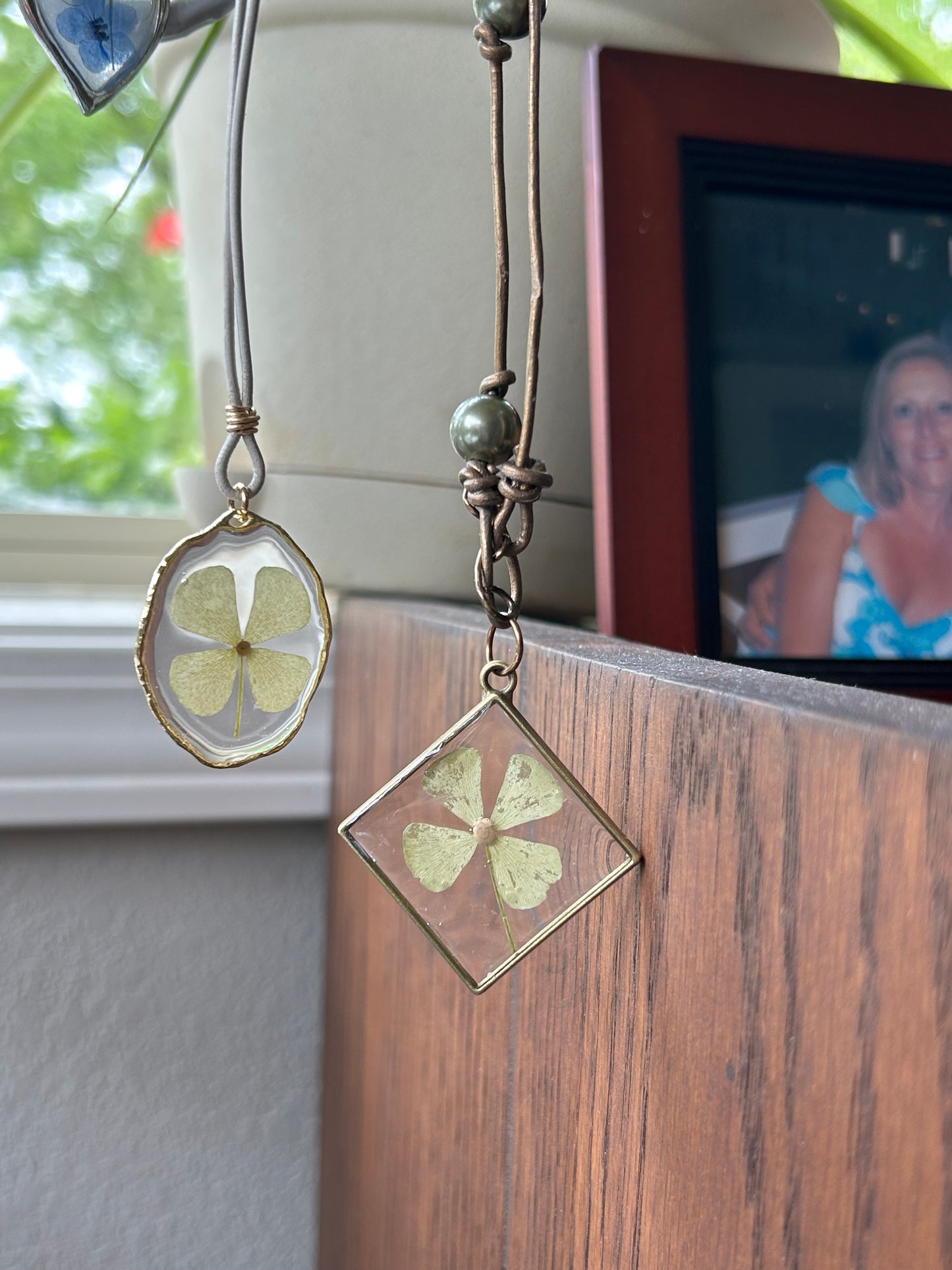 4-Leaf Clover Pendant on a Leather cord accented with Olive green glass beads, Handcrafted