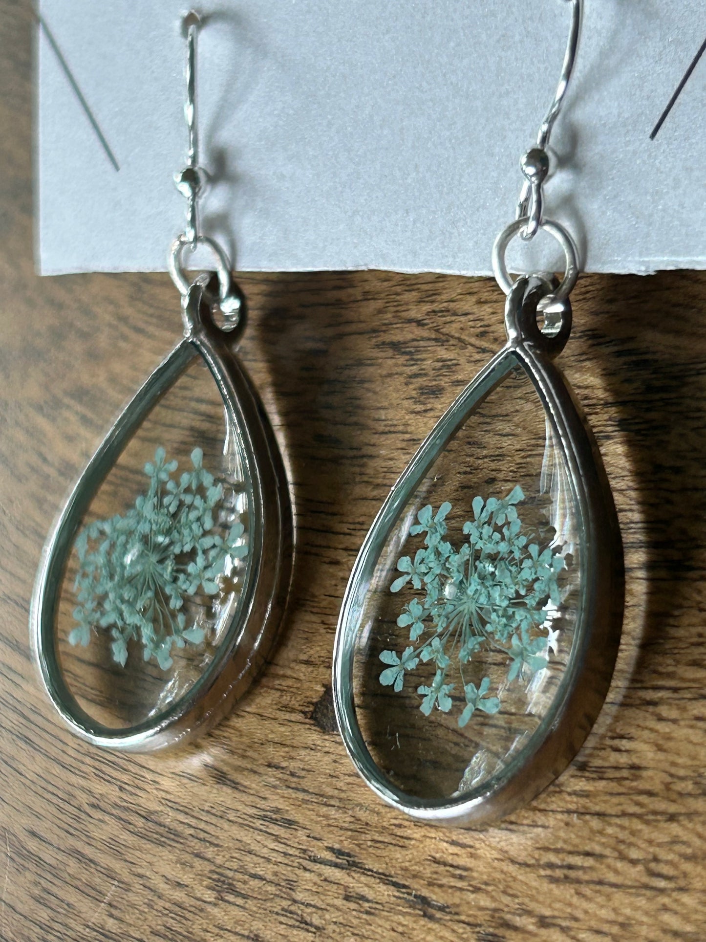 Dangle Teardrop Earrings, Soft Teal Blue Queen Anne’s Lace Flower in Crystal Clear Resin