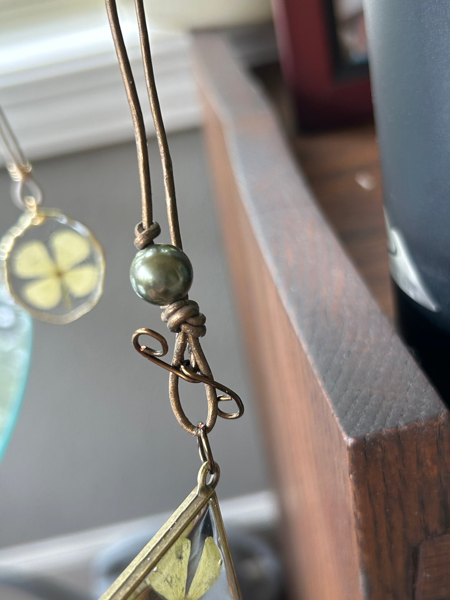 4-Leaf Clover Pendant on a Leather cord accented with Olive green glass beads, Handcrafted