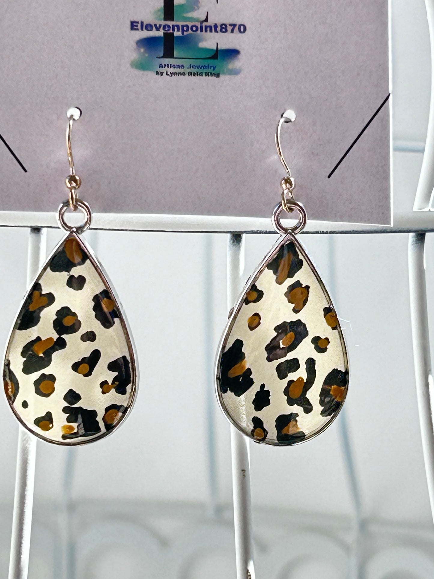 Leopard Print Teardrop Dangle Earrings, Hand Painted, Antique Gold Frame, Hand Painted, Opague Resin