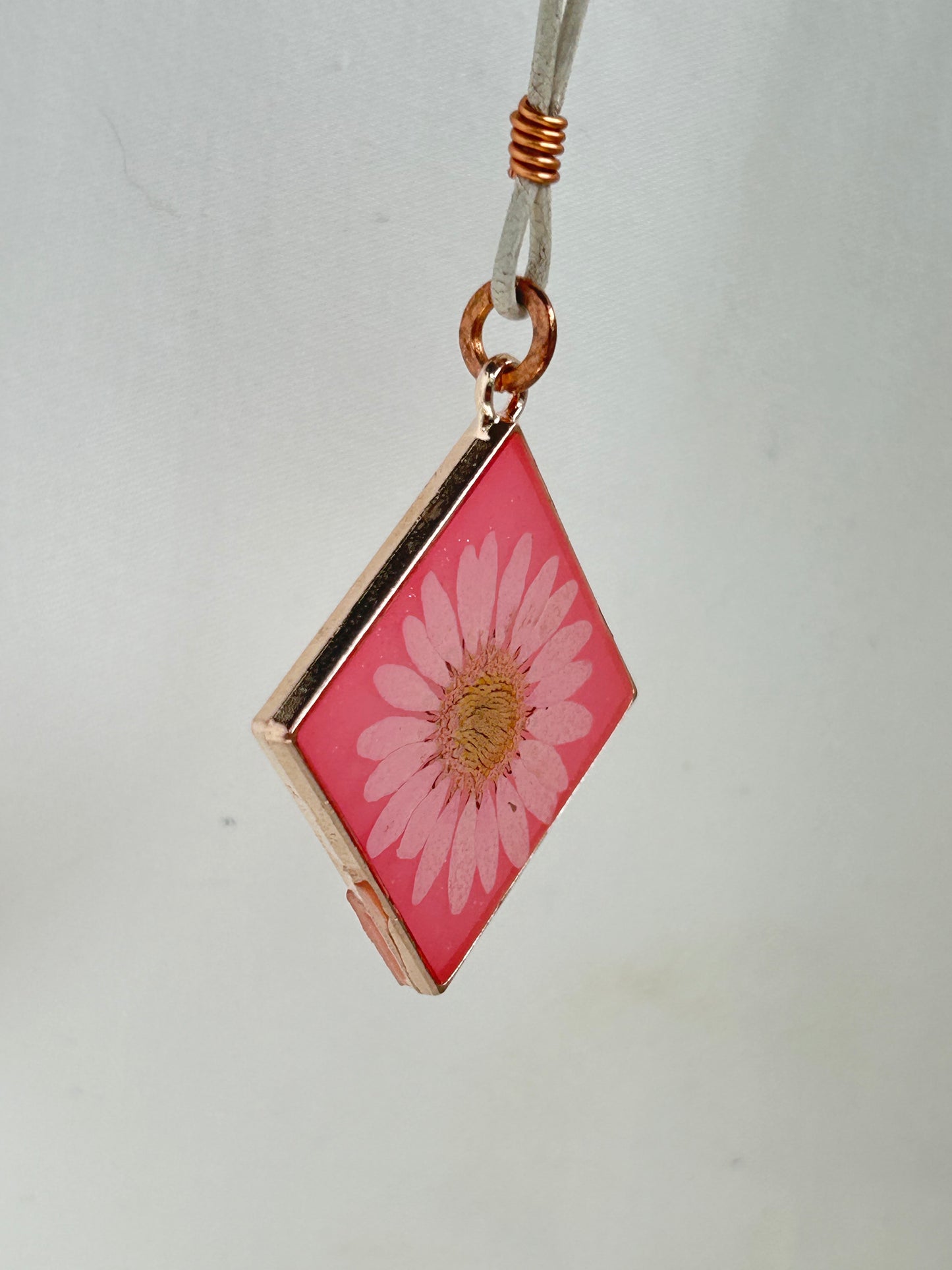 Light and Dark Pink Diamond shaped Pendant Necklace, Light Pink Daisy in a Rose Gold frame, Off-White Leather cord with Loop and Freshwater Pearl Closure