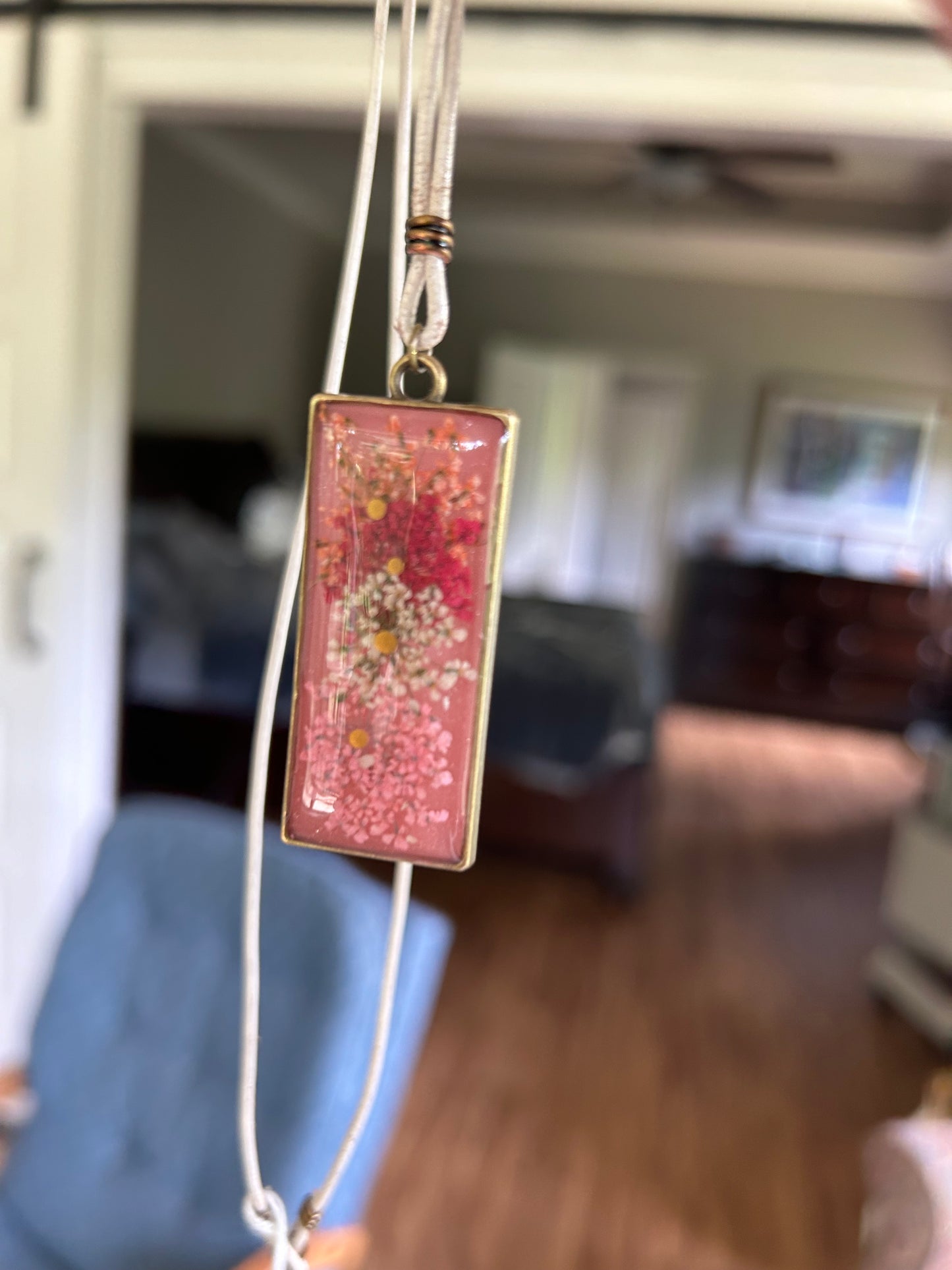 Pink Rectangular Floral Pendant Necklace, Queen Anne’s Lace, Antique Gold metal, leather cord, Pearl and Loop closure, hand crafted,