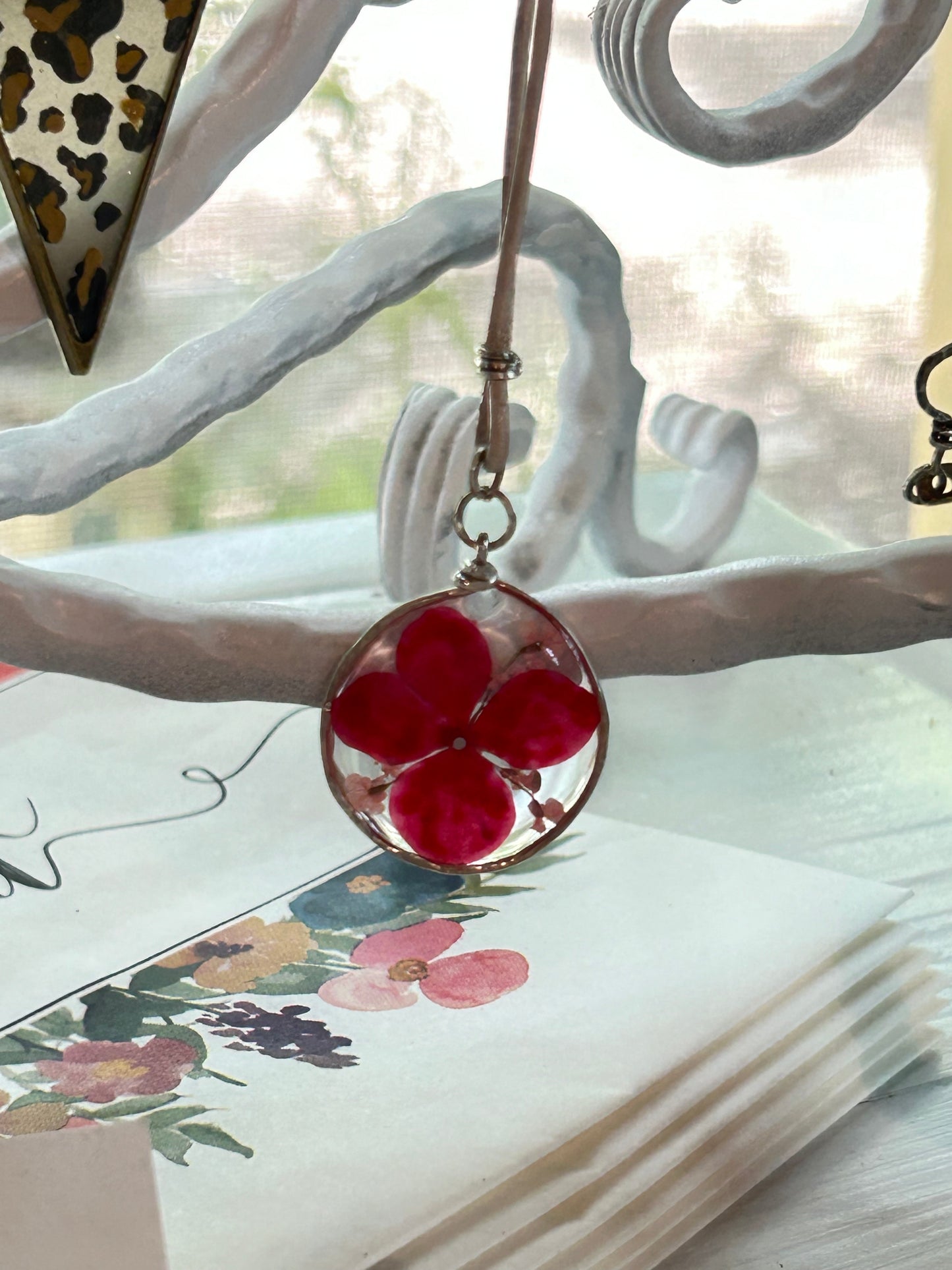 Red and Light Pink Round Floral Pendant in Silver handcrafted frame, Leather cord wrapped with Silver wire, Handcrafted Closure