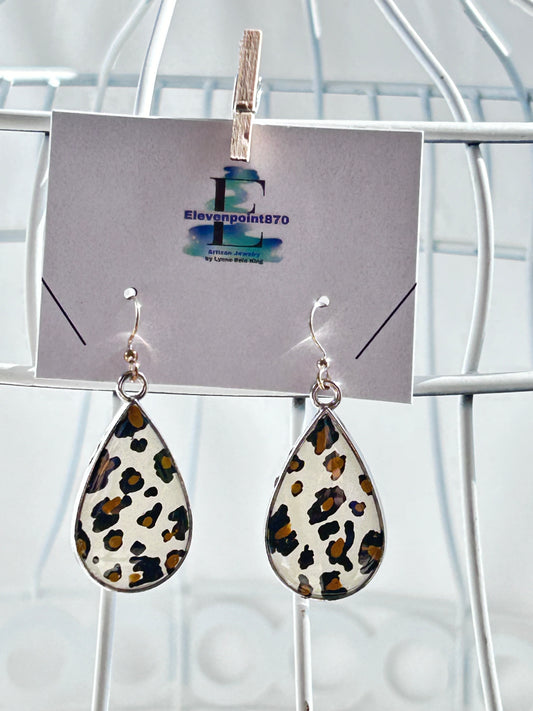 Leopard Print Teardrop Dangle Earrings, Hand Painted, Antique Gold Frame, Hand Painted, Opague Resin