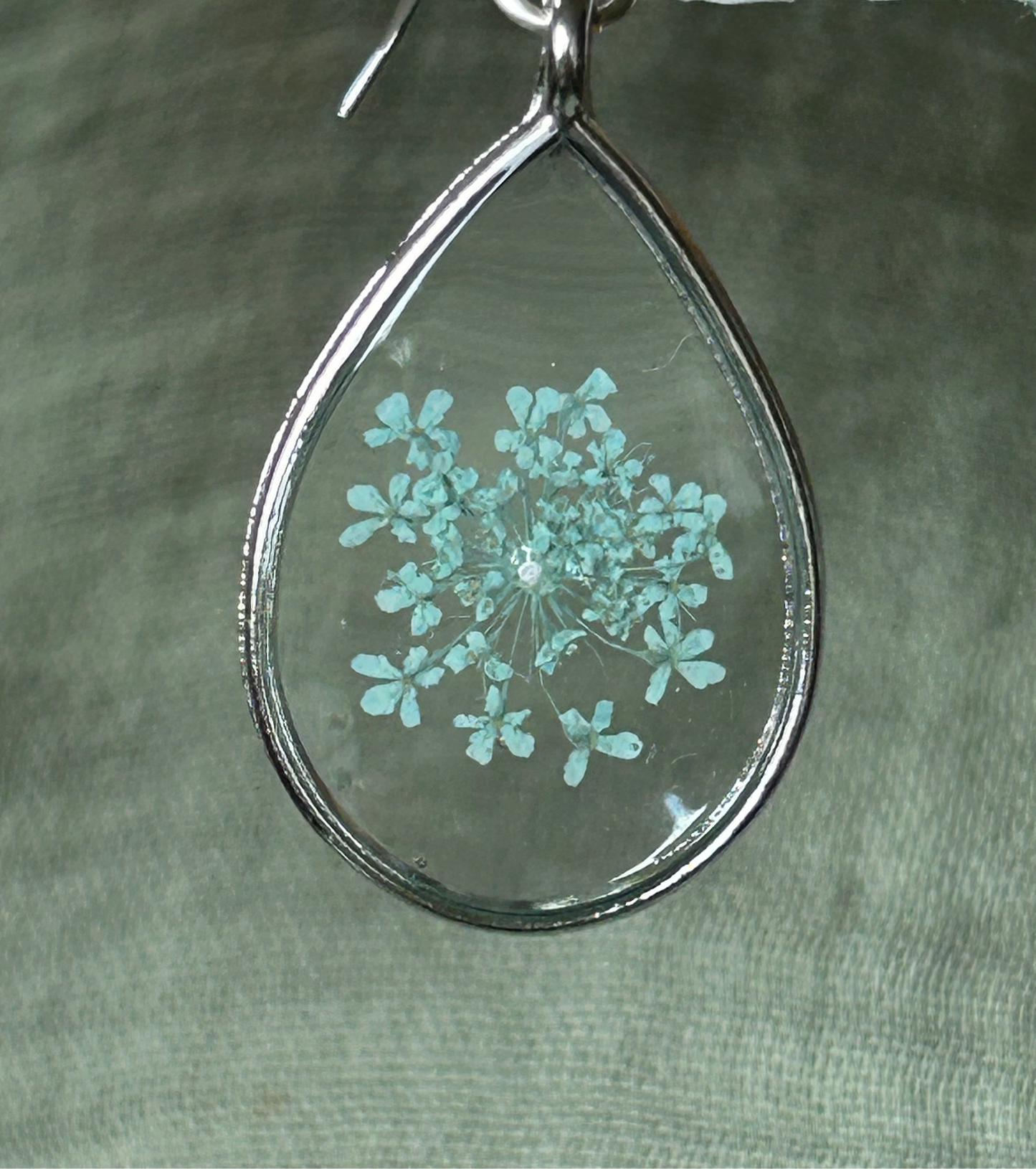 Dangle Teardrop Earrings, Soft Teal Blue Queen Anne’s Lace Flower in Crystal Clear Resin