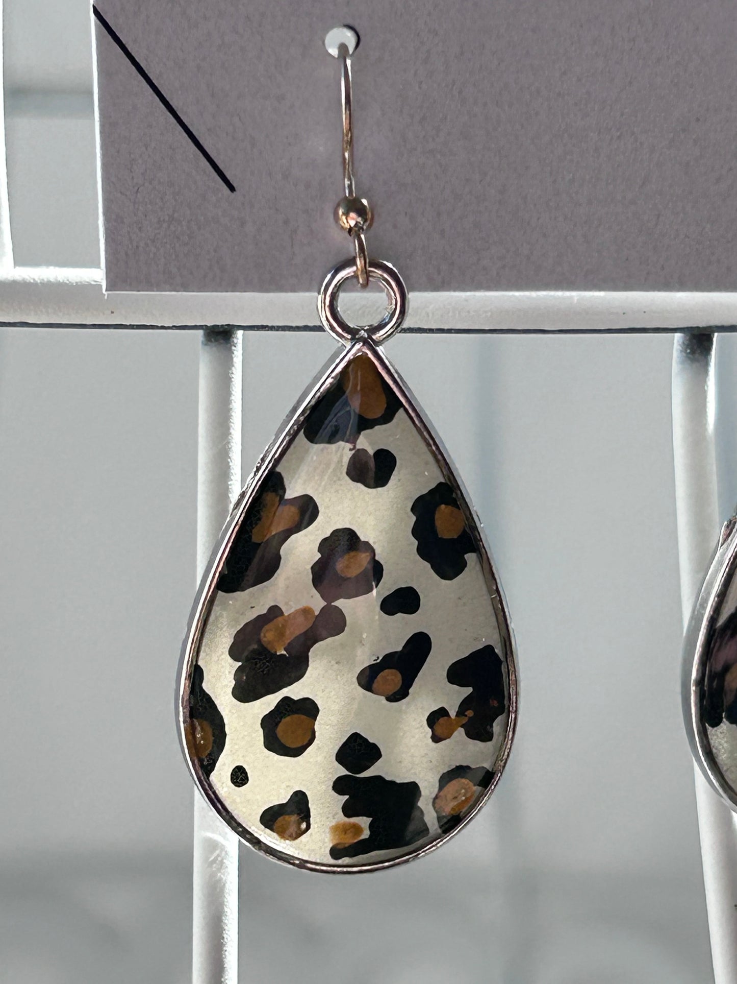 Leopard Print Teardrop Dangle Earrings, Hand Painted, Antique Gold Frame, Hand Painted, Opague Resin