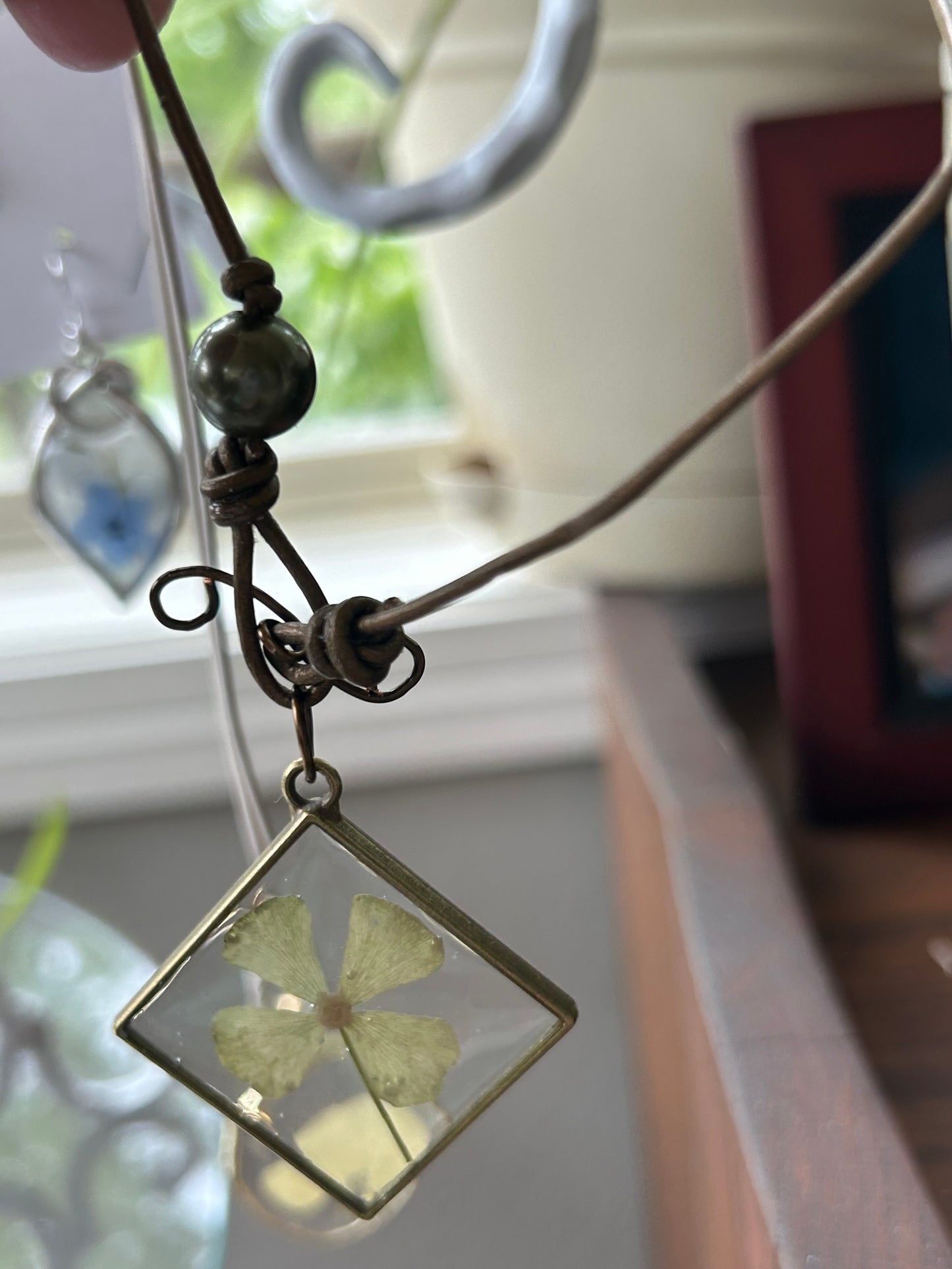 4-Leaf Clover Pendant on a Leather cord accented with Olive green glass beads, Handcrafted