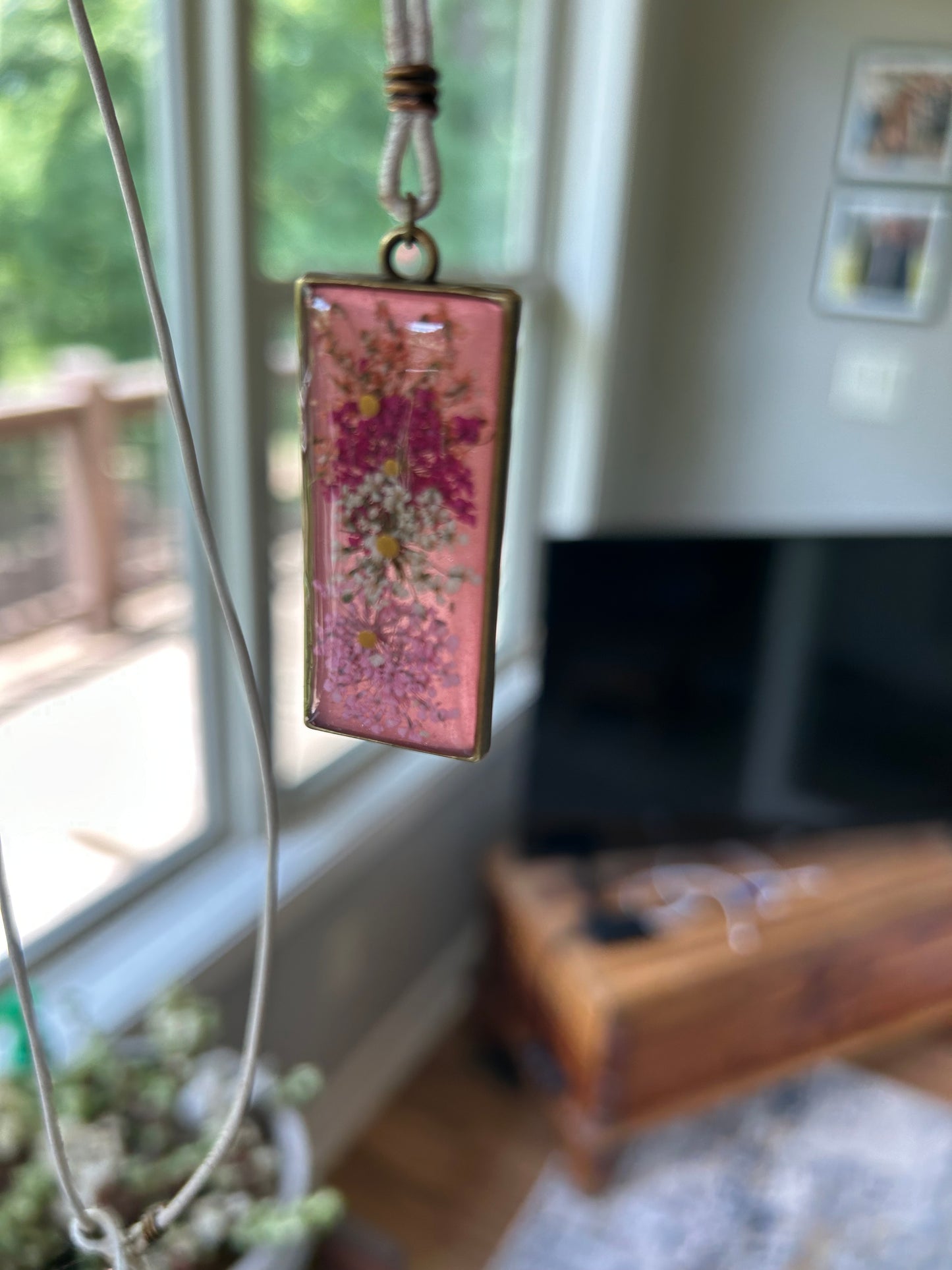 Pink Rectangular Floral Pendant Necklace, Queen Anne’s Lace, Antique Gold metal, leather cord, Pearl and Loop closure, hand crafted,