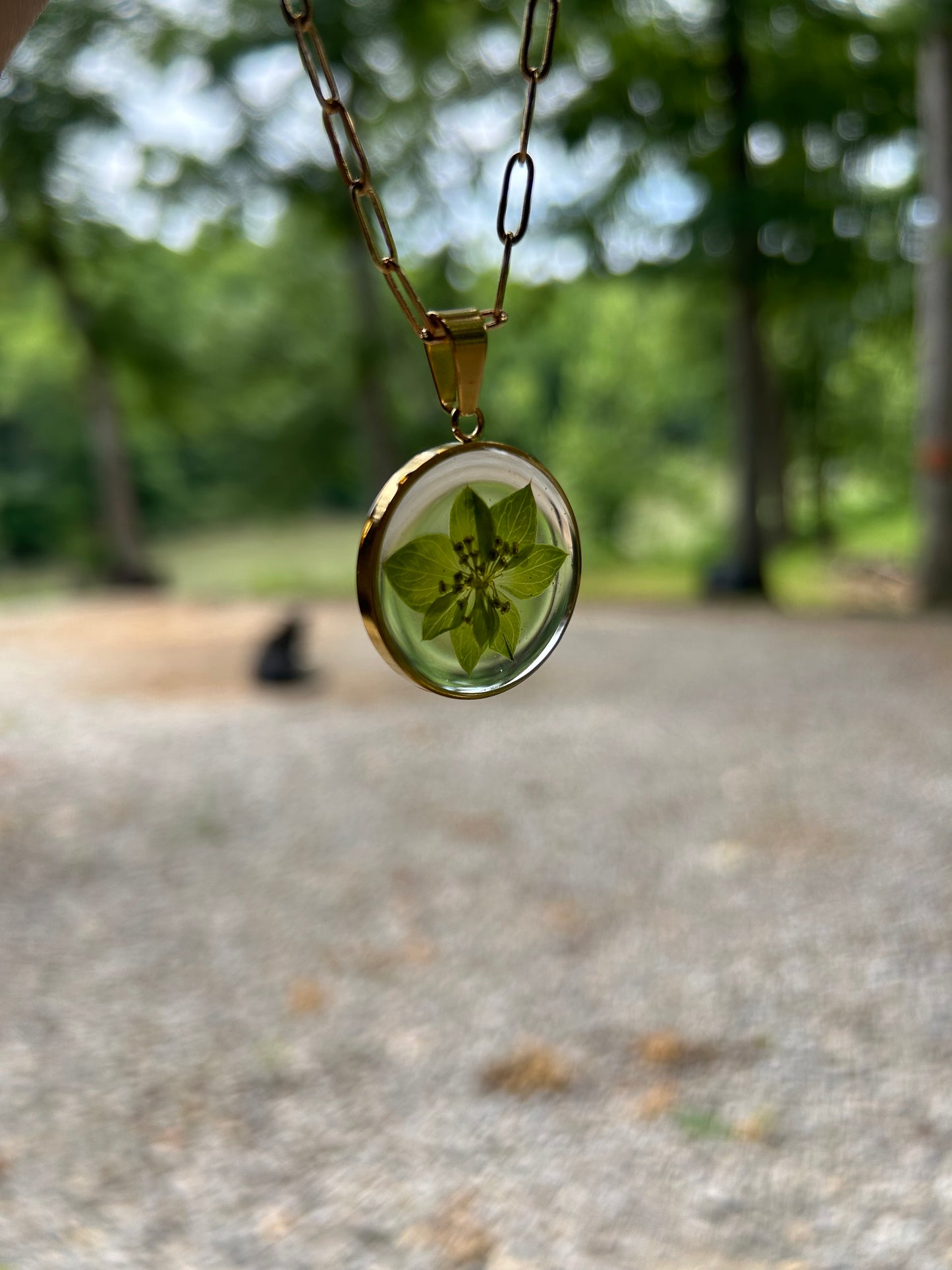 A Clear piece of Mother Nature. A beautifully encased leaf held in Clear Resin. A light and breezy Pendant Necklace in a Gold setting and an adjustable 20” Gold Adjustable Paperclip Chain