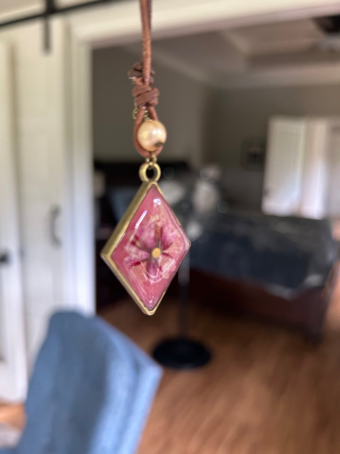 Antique Gold Pink Burgandy Preserved Verbena Diamond Shaped Pendant Fresh water Pearl front loop closure