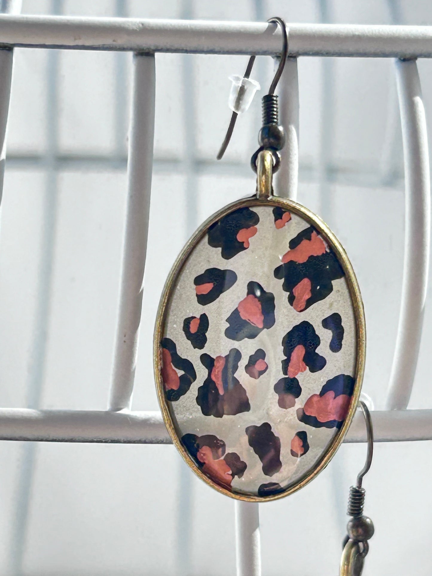 Leopard Print Oval Dangle Earrings, Hand Painted, Antique Gold Frame