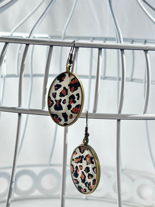 Leopard Print Oval Dangle Earrings, Hand Painted, Antique Gold Frame