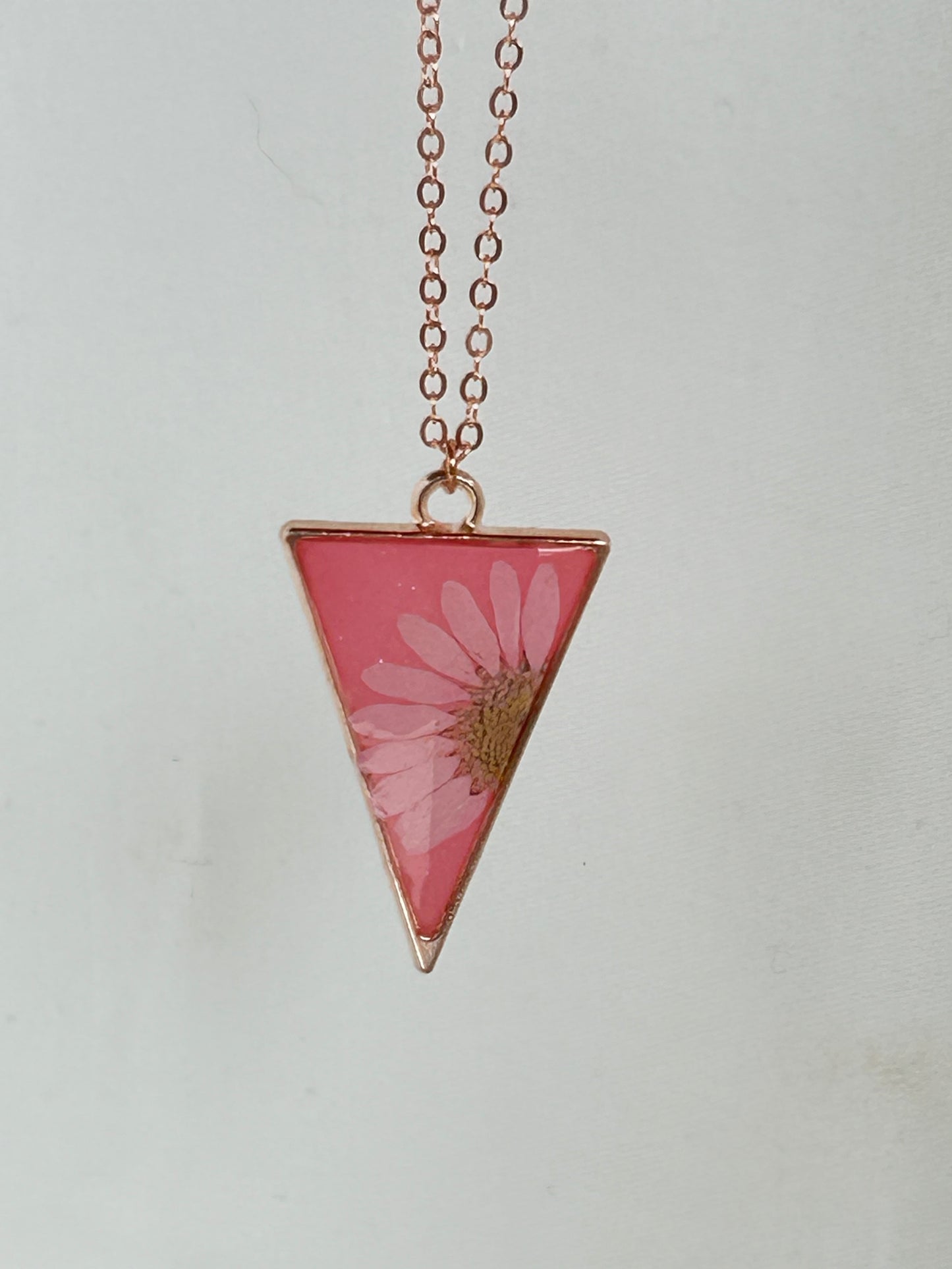 Light and Dark Pink Triangular Pendant Necklace, Light Pink Daisy in a Gold frame, Gold Chain