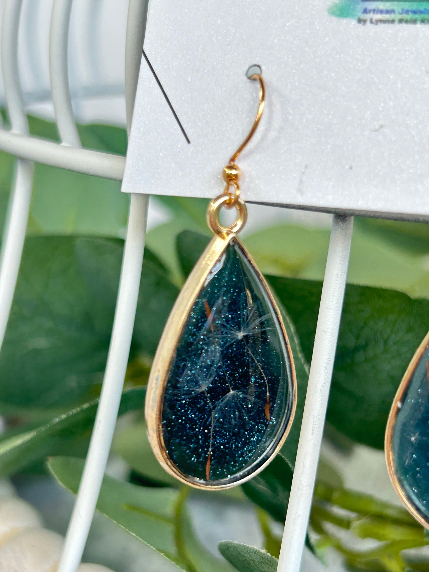 Make A Wish” Dandelion Seed Teardrop Dangle Earrings with a Blue Shimmery Background, Gold Frames