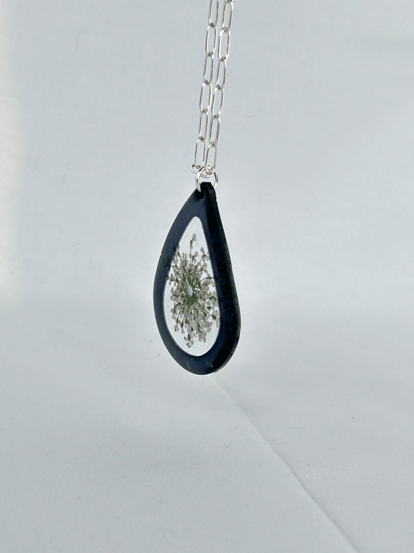 Black and Clear Teardrop necklace pendant adorned with Queen Anne’s Lace dainty dried flower