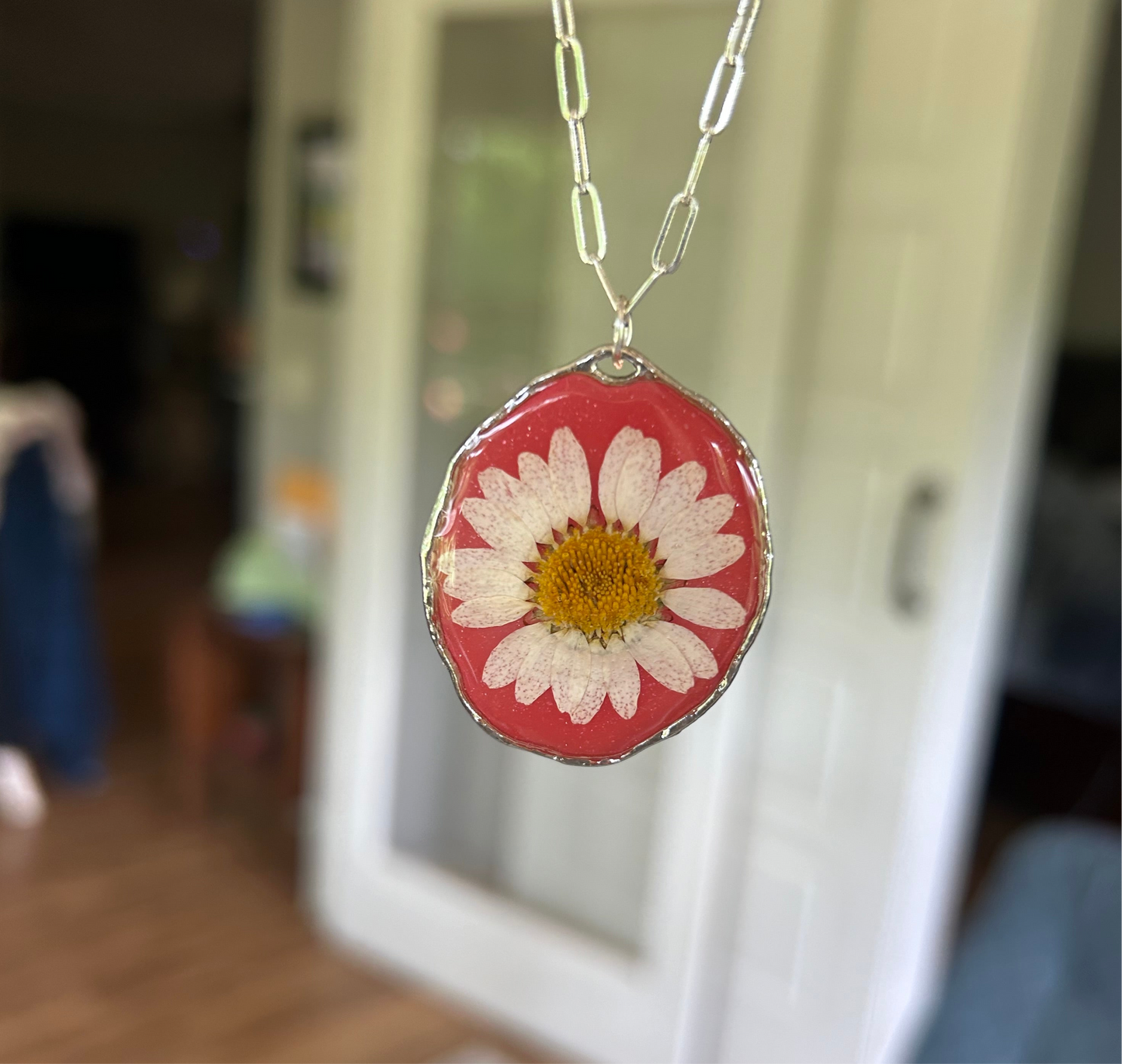 A White Daisy preserved dried flower with a Watermelon Red tinted background Pendant Necklace, Silver round framed bezel, Silver Paperclip chain