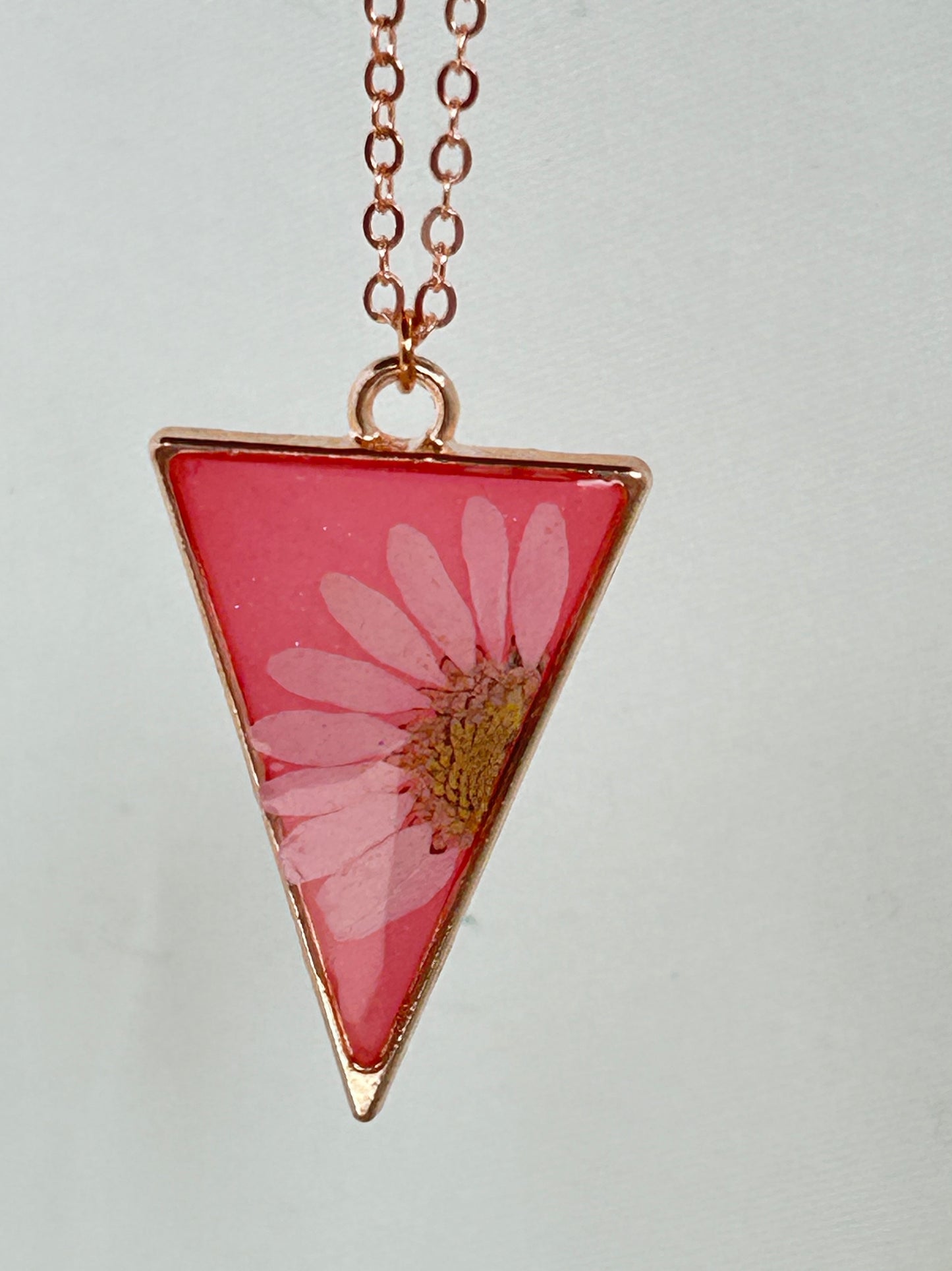 Light and Dark Pink Triangular Pendant Necklace, Light Pink Daisy in a Gold frame, Gold Chain