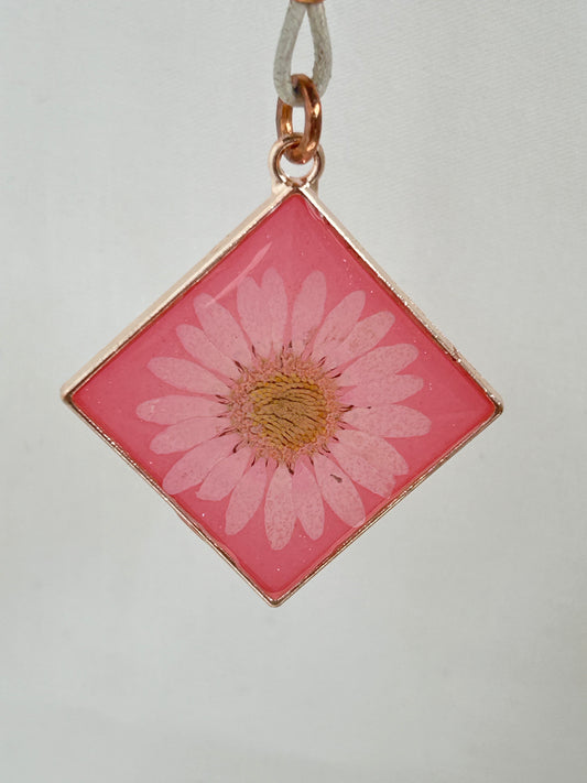 Light and Dark Pink Diamond shaped Pendant Necklace, Light Pink Daisy in a Rose Gold frame, Off-White Leather cord with Loop and Freshwater Pearl Closure