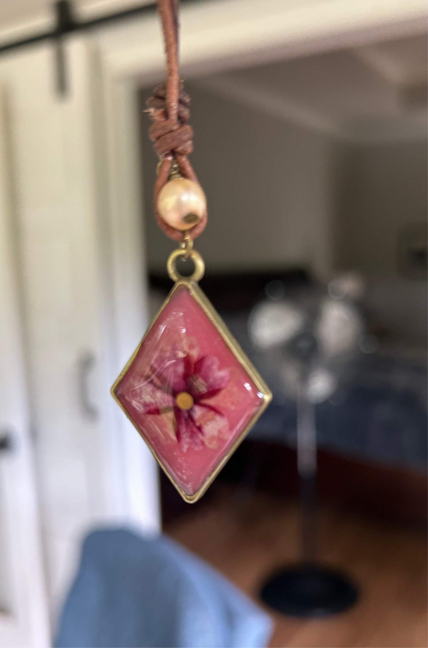 Antique Gold Pink Burgandy Preserved Verbena Diamond Shaped Pendant Fresh water Pearl front loop closure