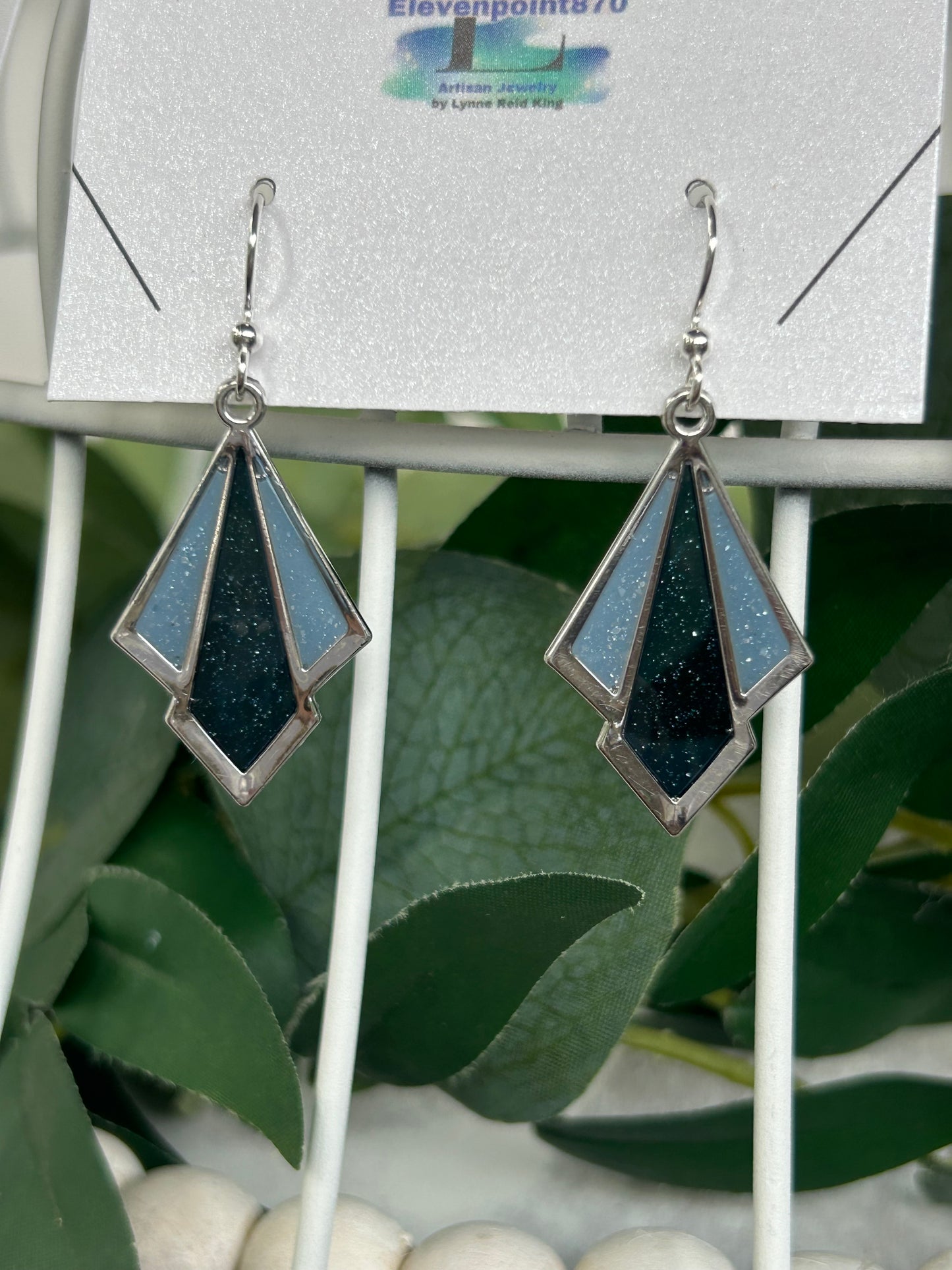 Art Deco design dangle earrings, Navy and light Blue resin, Silver frames