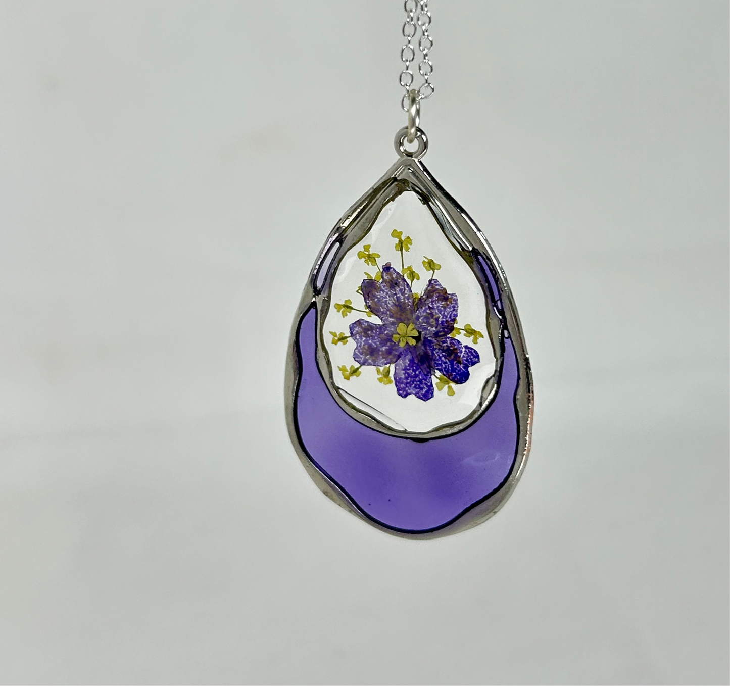 Pendant Necklace with Purple and Yellow Floral Focus, Teardrop, Silver frame and chain