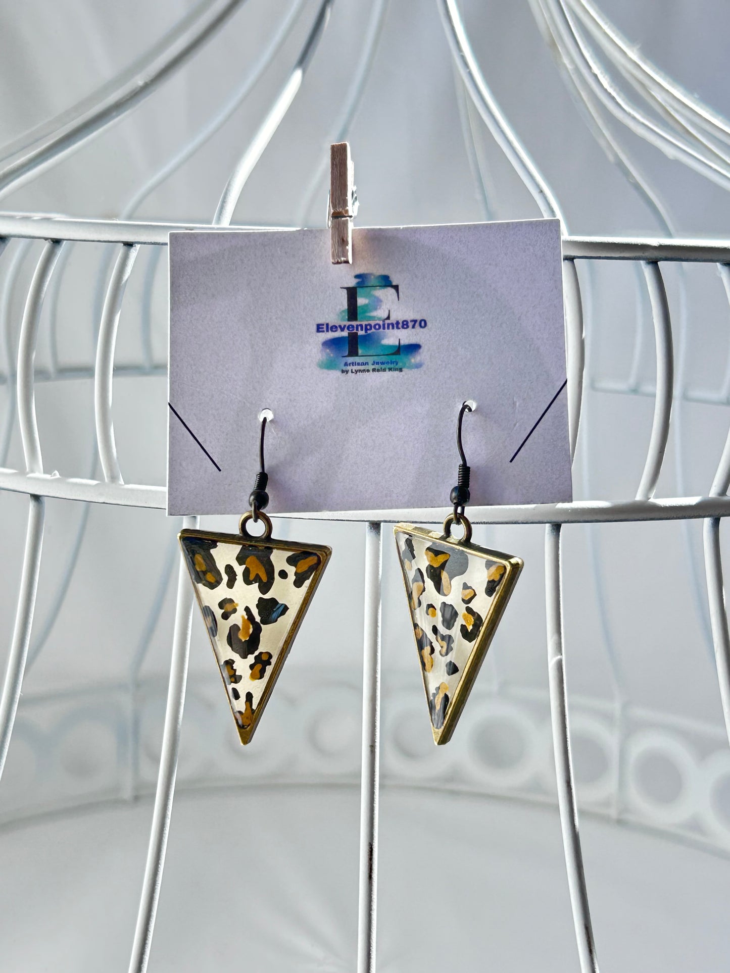 Leopard Print Triangle Dangle Earrings, Hand Painted, Antique Gold Frame, Hand Painted, Opague Resin