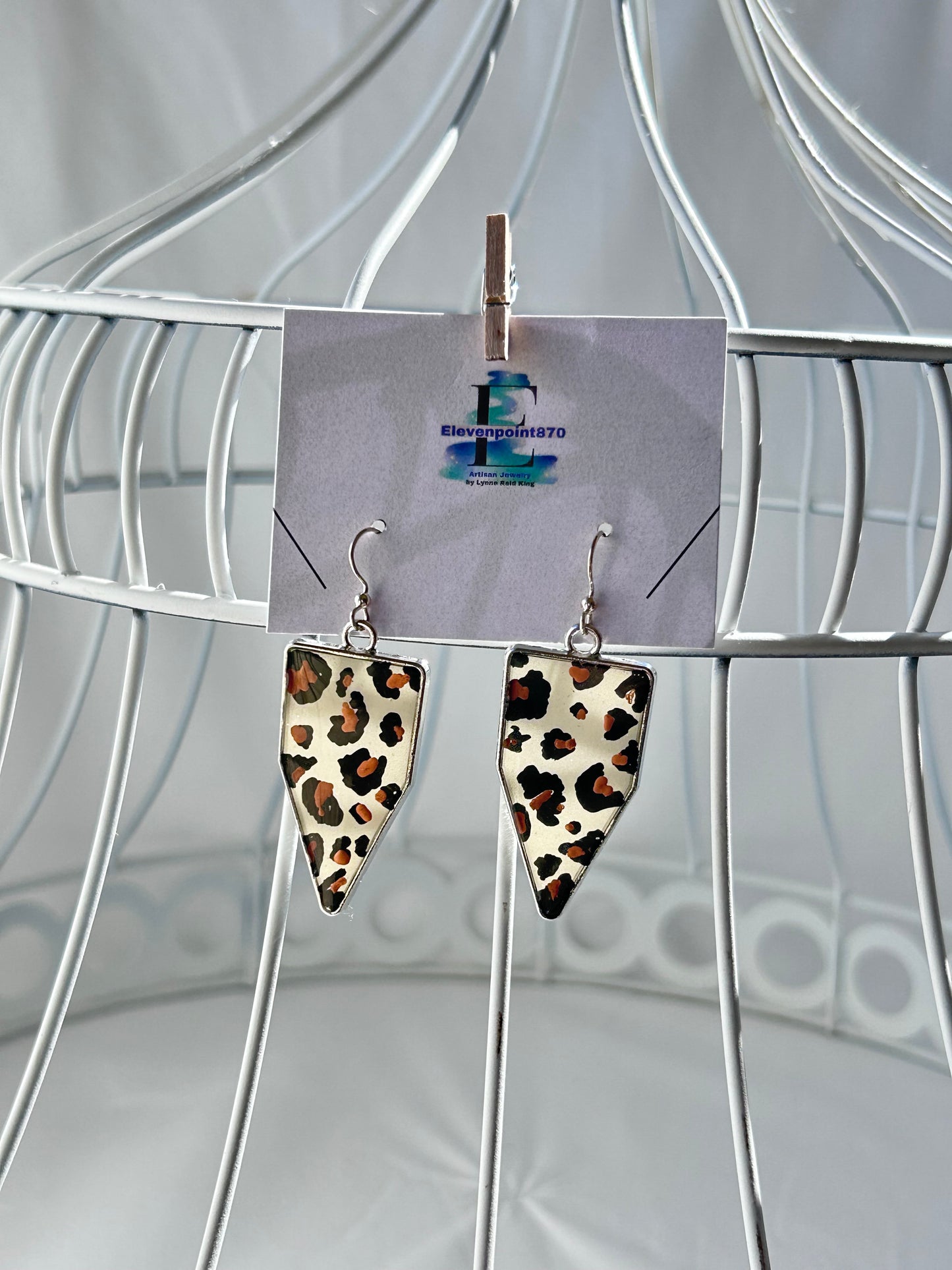 Leopard Print Geometric Dangle Earrings, Hand Painted, Silver Frame, Hand Painted, Opague Resin