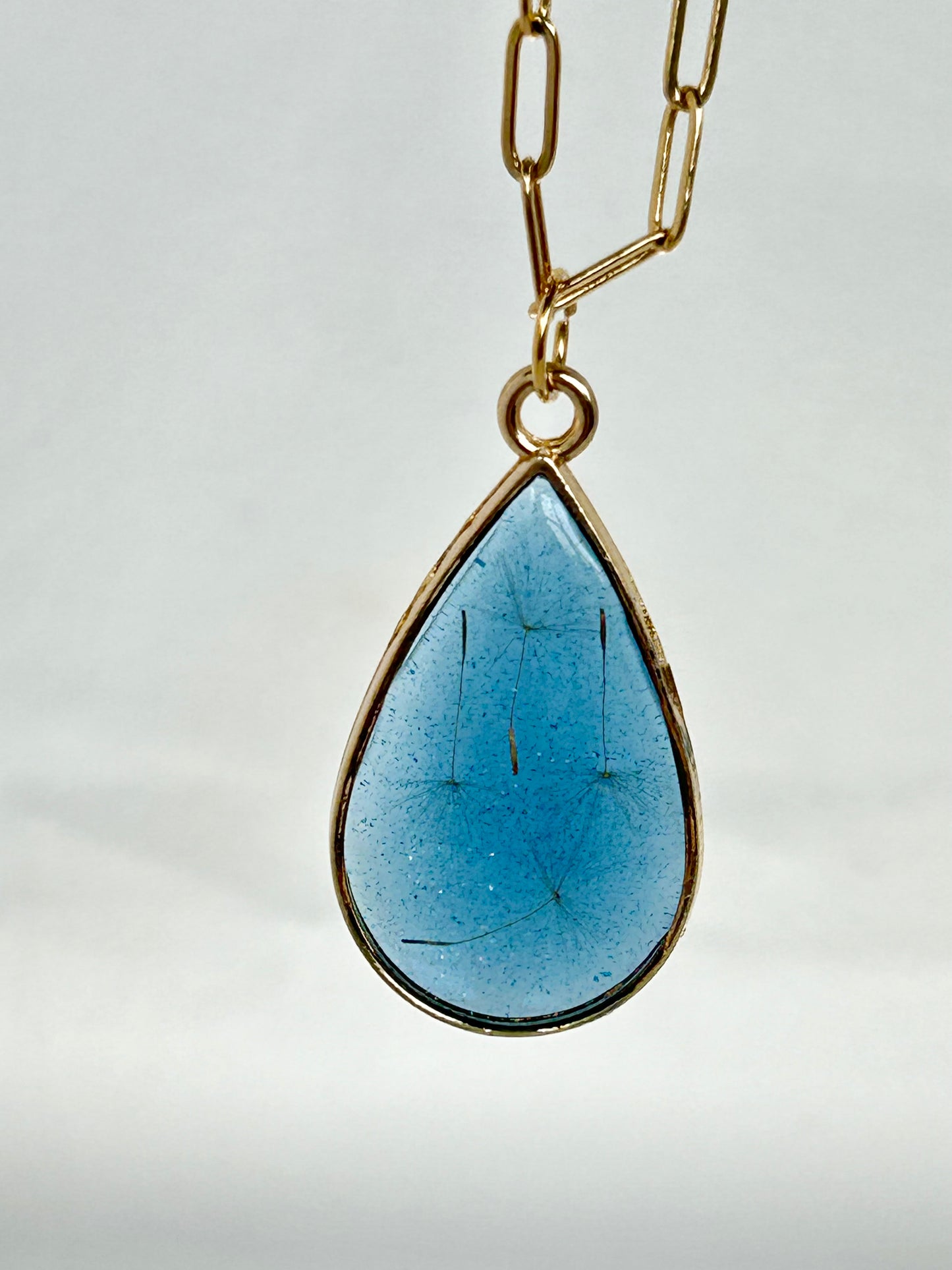 “Make A Wish” Dandelion Seed Pendant Necklace with Blue Shimmery Background, Gold Frame and Adjustable Gold Chain