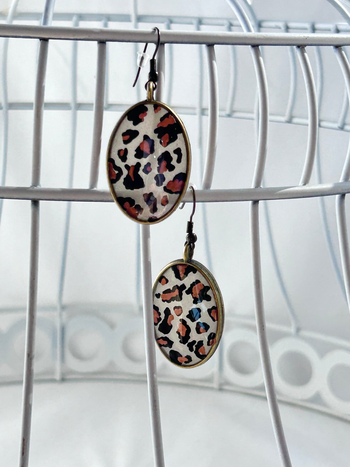 Leopard Print Oval Dangle Earrings, Hand Painted, Antique Gold Frame