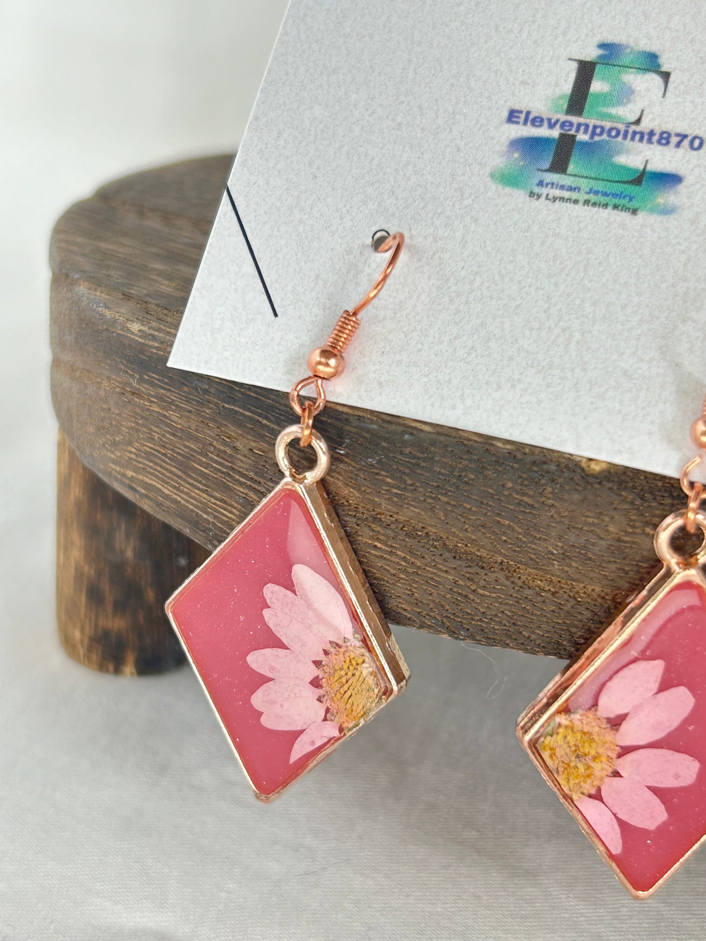 Light and Dark Pink Diamond shaped dangle earrings. Light Pink Daisy, Rose Gold frame