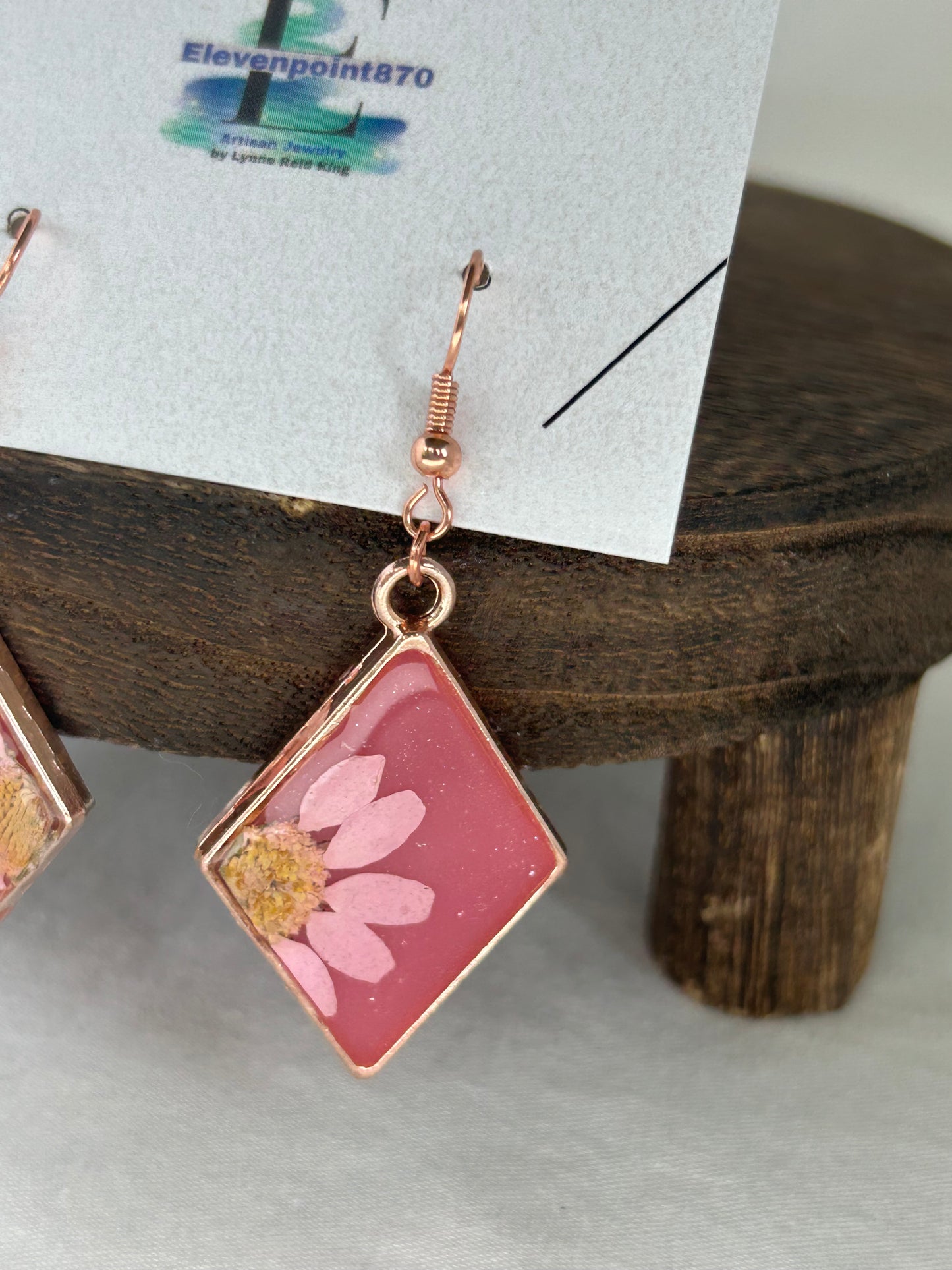 Light and Dark Pink Diamond shaped dangle earrings. Light Pink Daisy, Rose Gold frame