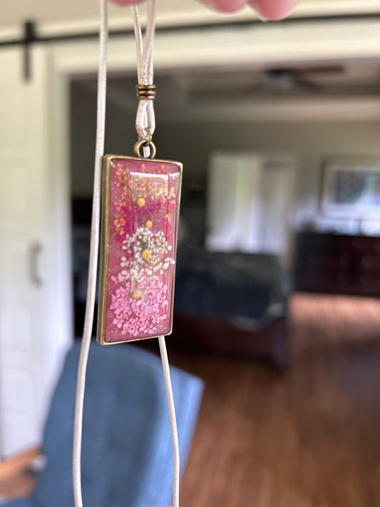 Pink Rectangular Floral Pendant Necklace, Queen Anne’s Lace, Antique Gold metal, leather cord, Pearl and Loop closure, hand crafted,