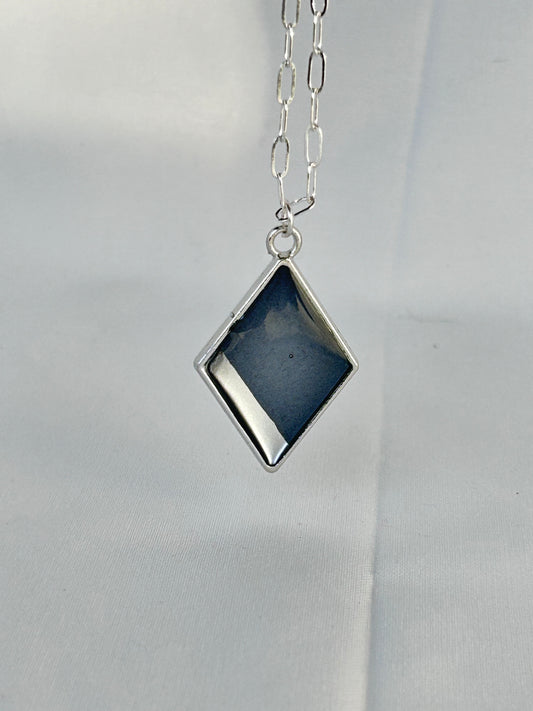 Smokey Black and Silver diamond shaped pendant. Hand painted