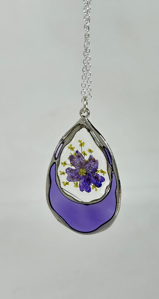 Pendant Necklace with Purple and Yellow Floral Focus, Teardrop, Silver frame and chain