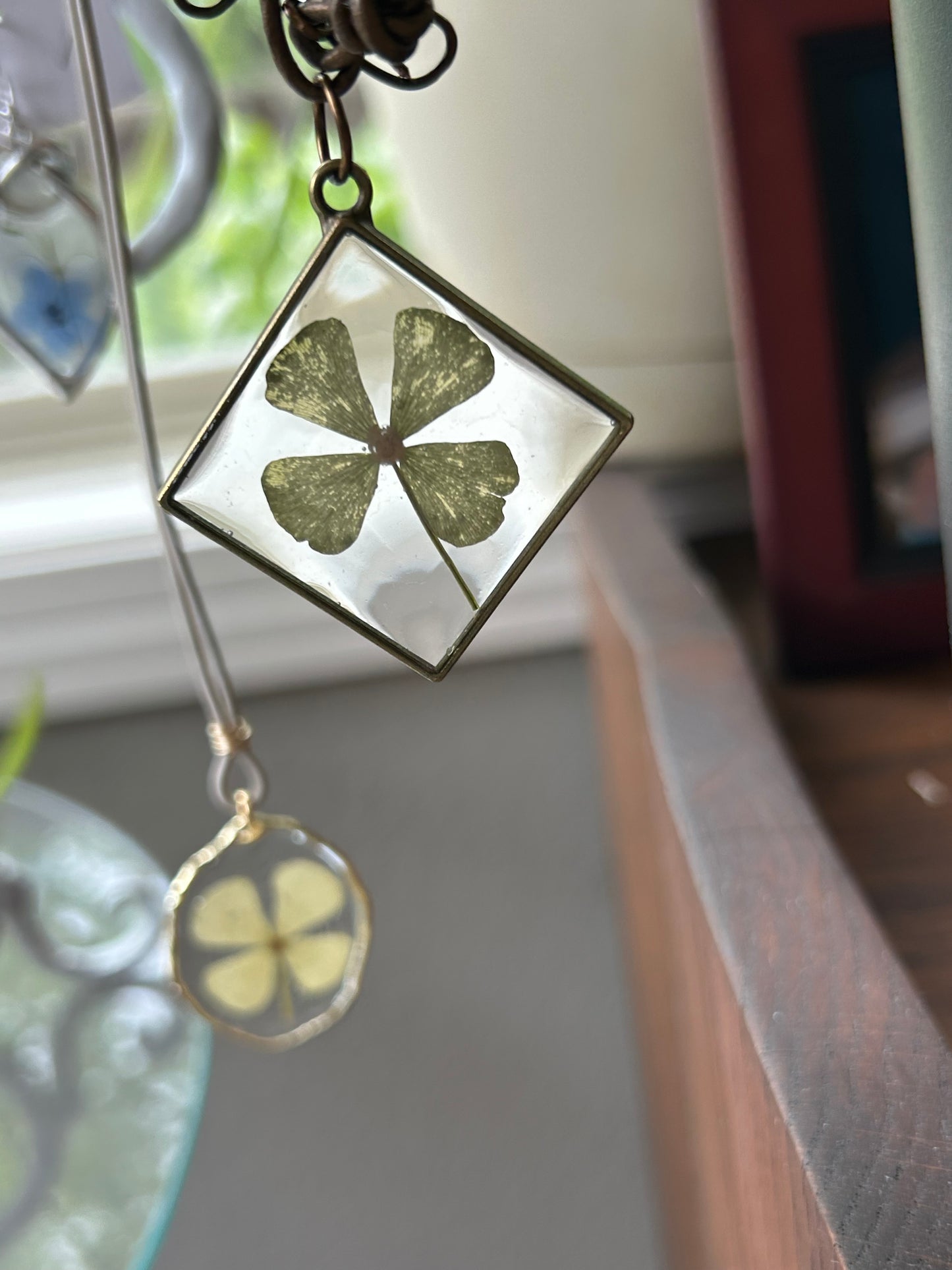 4-Leaf Clover Pendant on a Leather cord accented with Olive green glass beads, Handcrafted