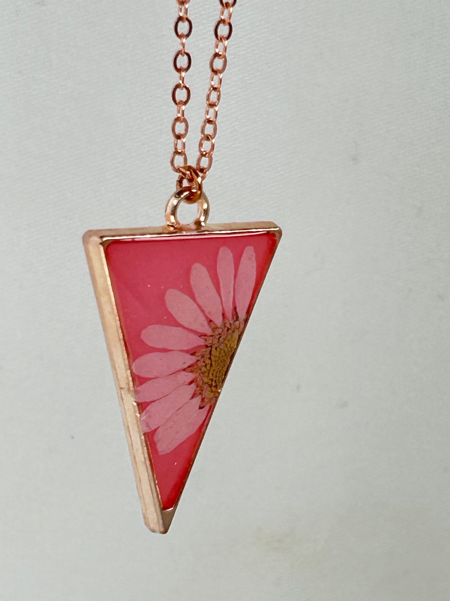 Light and Dark Pink Triangular Pendant Necklace, Light Pink Daisy in a Gold frame, Gold Chain