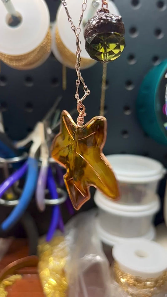 Fall Maple Leaf, Resin Pendant Hand painted with Alcohol Ink encased in hammered Copper, accented with Green Bead Acorn, 25” Double Chain Rose Gold Tone Chain